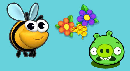 A collage of Code.org puzzles showing a bee, flowers, honey, and a green pig from the game Angry Birds.