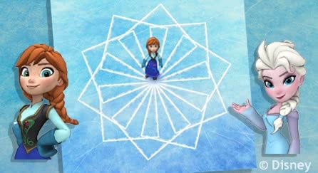 Anna and Elsa from the movie Frozen. Between them is an image of Anna drawing a pretty shape in the ice using her ice skates.