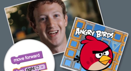 Kolaż obrazów przedstawiających kod, Marka Zuckerberga i Angry Birds.
