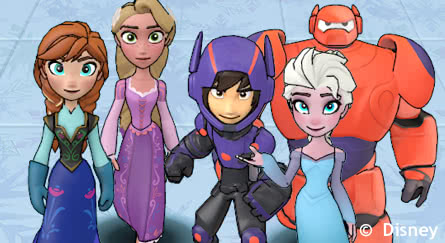 Five characters from the Froze, Tangled, and Big Hero 6 standing together.