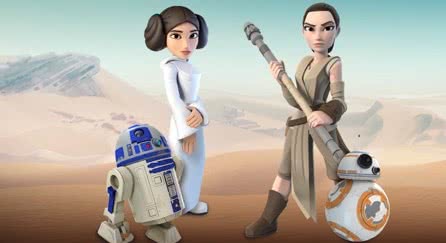 R2-D2, Leia, Rey, and BB-8 standing in a desert.